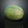 Fresh Green Cantaloupe Fruit with Textured Skin and Oval Shape on Black Reflective Surface