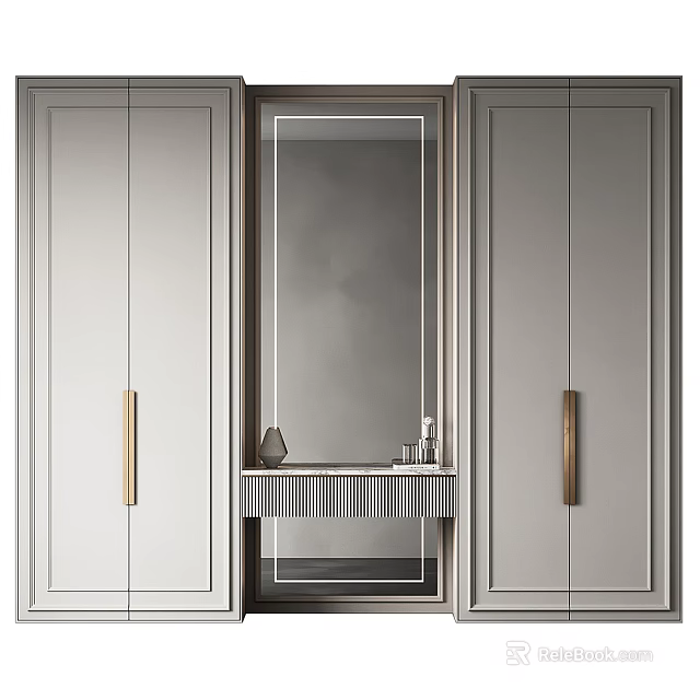Elegant Modern Dressing Table with Mirror Gray Cabinets and Golden Handles 3d model 