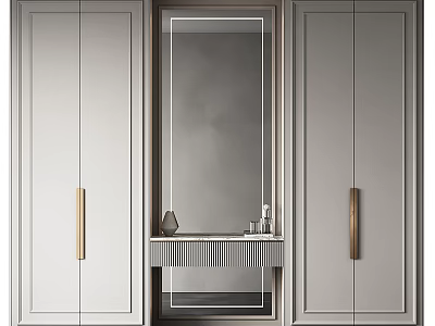 Elegant Modern Dressing Table with Mirror Gray Cabinets and Golden Handles 3d model
