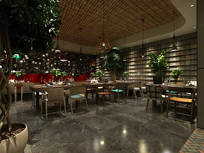 Lush Green Plant Decorated Restaurant Interior With Wooden Ceiling Hanging Lights Stone Walls And Colorful Chairs 3d model