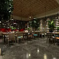 Lush Green Plant Decorated Restaurant Interior With Wooden Ceiling Hanging Lights Stone Walls And Colorful Chairs