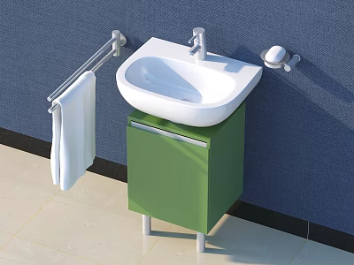 Modern Bathroom Vanity With White Basin Green Cabinet Silver Towel Rack And Soap Dish 3d model