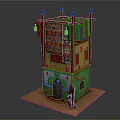Cartoon Style Two Story Building Scene With Yellow Green Walls Colorful Cloths And Patterned Rug