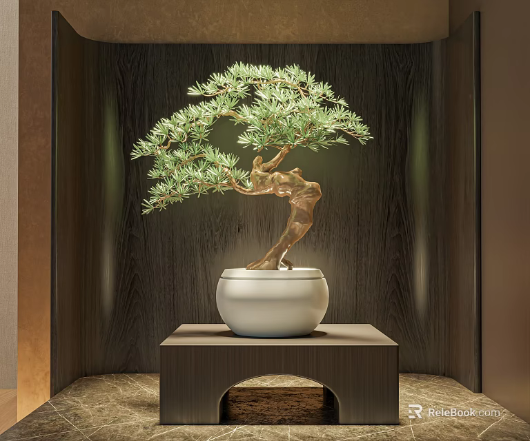 Bonsai Plant in White Pot on Wooden Stand with Dark Wooden Background and Soft Lighting 3d model 