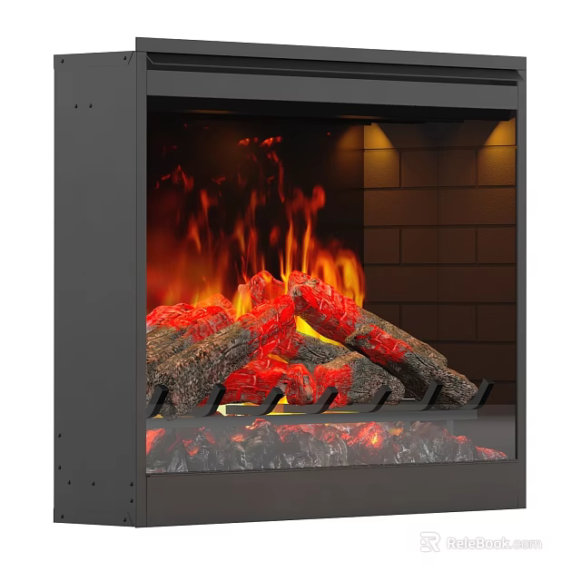 Modern Electric Fireplace With Realistic Flames Faux Logs Brick Interior And Black Frame 3d model 