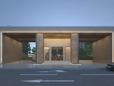 Modern Architectural Entrance Gate Design With Illuminated Columns Greenery And Roadside Car 3d model
