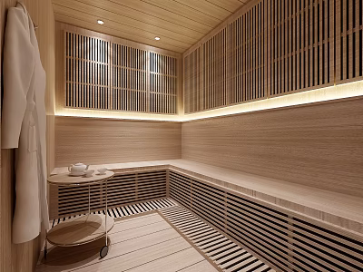 Modern Shower Sauna Interior Design With Wooden Benches And Slats Ambient Lighting 3d model