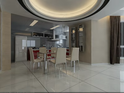 Modern Restaurant Interior With Open Design Dining Table Chairs Ceiling Lights And Cabinets 3d model