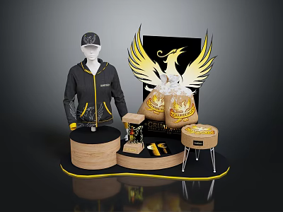 Stylish Black Hoodie And Cap With Golden Phoenix Design On Fashion Display Stand 3d model