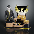 Stylish Black Hoodie And Cap With Golden Phoenix Design On Fashion Display Stand