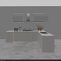 Modern Kitchen Interior With White Cabinets Island Counter Appliances And Potted Plants