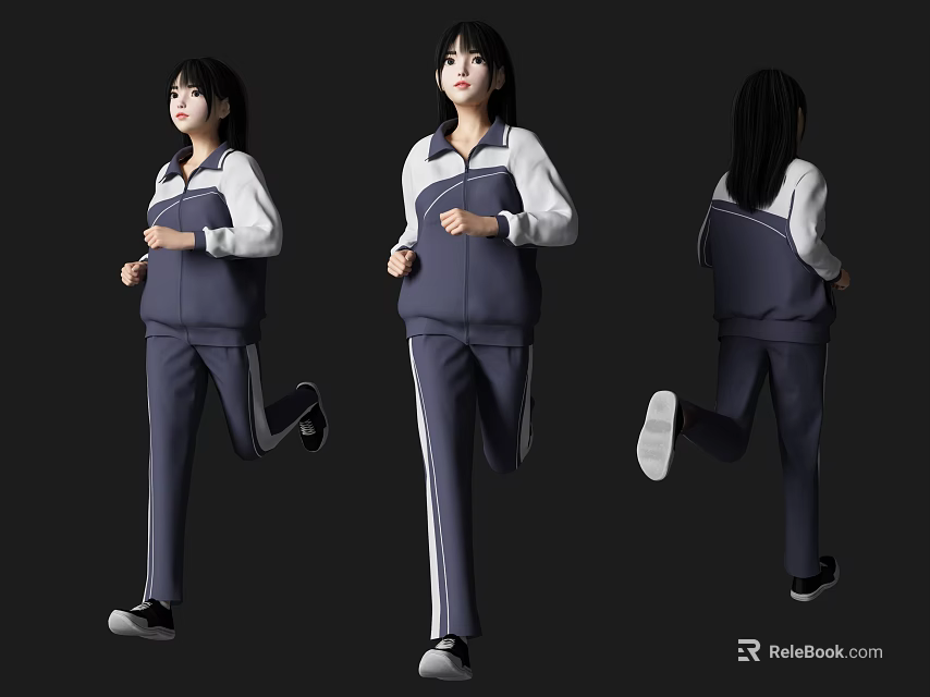 Running Woman in Blue and White Sportswear from Three Different Angles 3d model 