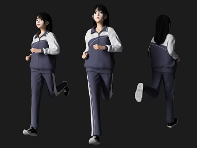 Running Woman in Blue and White Sportswear from Three Different Angles 3d model