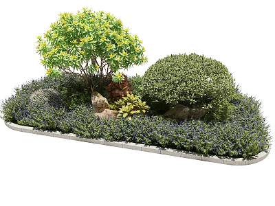 Roadside Landscaping Facilities Featuring Lush Shrubs Trees Stones And Flower Beds 3d model