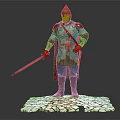Medieval Warrior In Armor With Red Cape Holding Sword On Cracked Stone Base