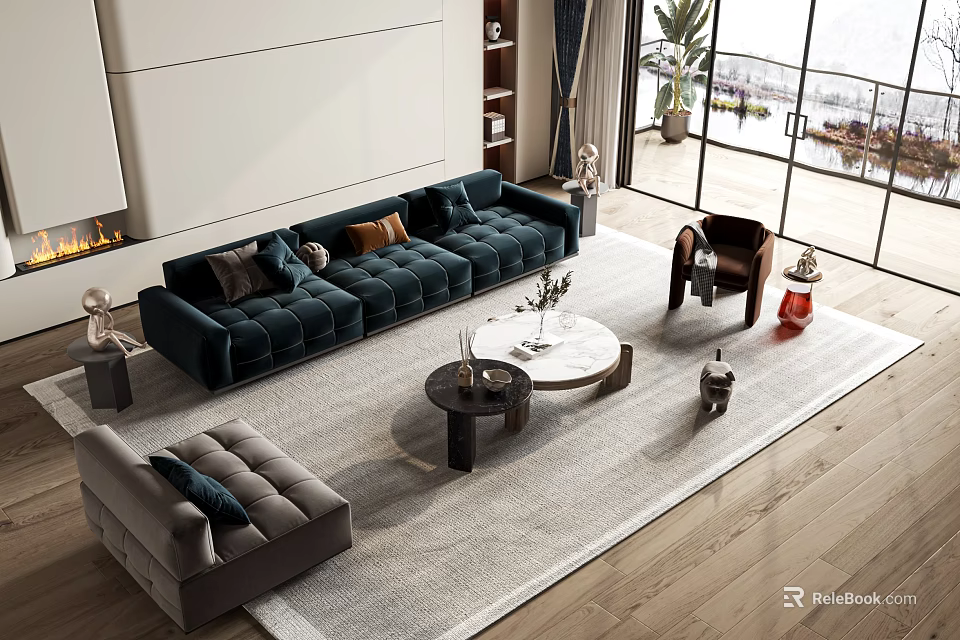 Velvet Sofa And Coffee Table Set With Gray Ottoman Wooden Floor And Large Window 3d model 