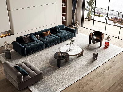 Velvet Sofa And Coffee Table Set With Gray Ottoman Wooden Floor And Large Window 3d model