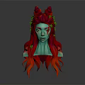 Mythical Fantasy Character With Horned Head Green Skin Red Orange Hair And Leaf Decorations