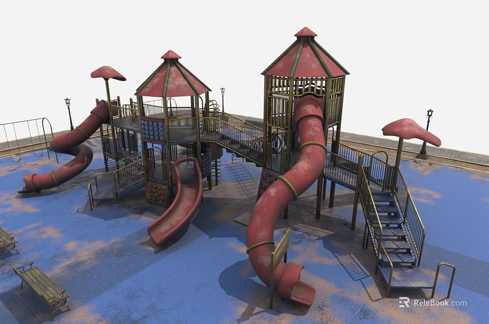 Kids Playground With Multiple Red Slides Decorative Canopies Blue Floor And Wooden Benches 3d model 