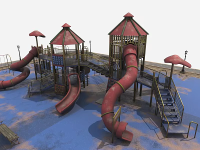 Kids Playground With Multiple Red Slides Decorative Canopies Blue Floor And Wooden Benches 3d model