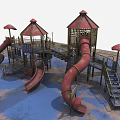 Kids Playground With Multiple Red Slides Decorative Canopies Blue Floor And Wooden Benches