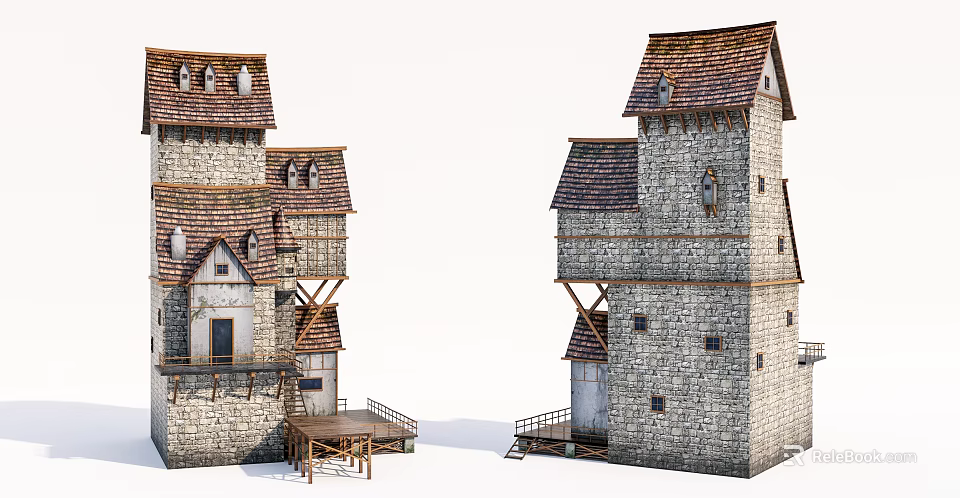 Medieval Stone Tower Buildings With Red Tiled Roofs And Wooden Stairs 3d model 