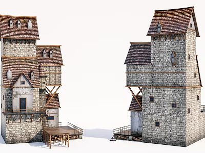 Medieval Stone Tower Buildings With Red Tiled Roofs And Wooden Stairs 3d model