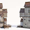 Medieval Stone Tower Buildings With Red Tiled Roofs And Wooden Stairs
