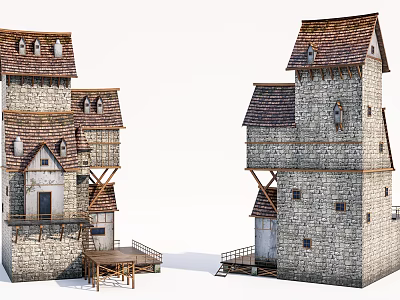 Medieval Stone Tower Buildings With Red Tiled Roofs And Wooden Stairs 3d model