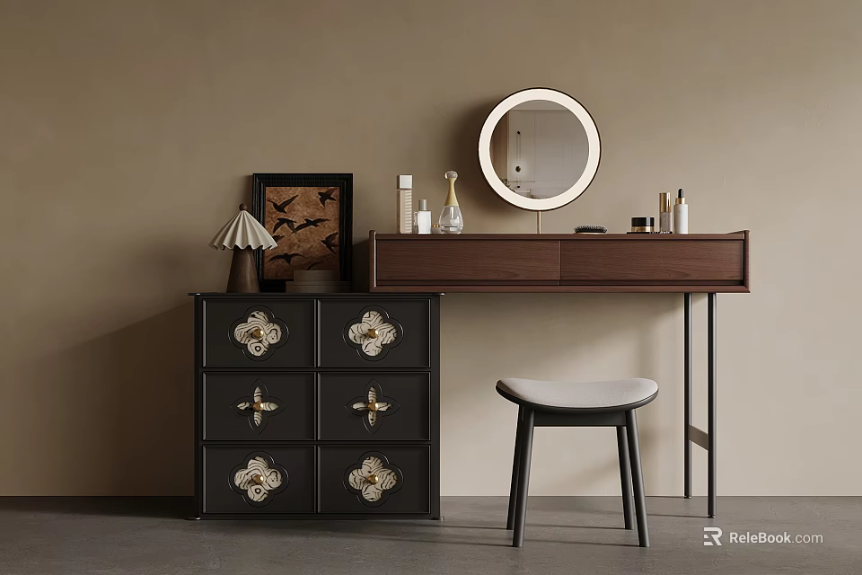 Elegant Vintage Wooden Dressing Table With LED Round Mirror Storage Cabinet And Comfortable Stool 3d model 