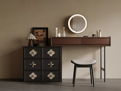 Elegant Vintage Wooden Dressing Table With LED Round Mirror Storage Cabinet And Comfortable Stool 3d model