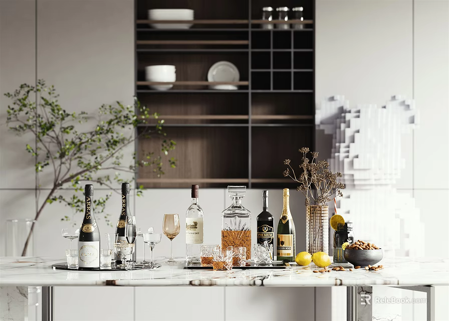 Stylish Modern Kitchen Countertop Featuring Wine Bottles Wine Glasses And Decorative Items 3d model