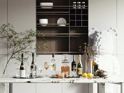 Stylish Modern Kitchen Countertop Featuring Wine Bottles Wine Glasses And Decorative Items 3d model