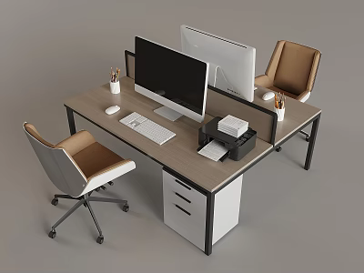 Modern Office Desk And Chair Set With Two Monitors Keyboard And Printer 3d model