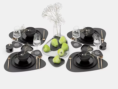 Stylish Black Tableware Set with Green Apples Silver Cutlery Black Placemats and Dried Flowers 3d model
