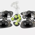 Stylish Black Tableware Set with Green Apples Silver Cutlery Black Placemats and Dried Flowers