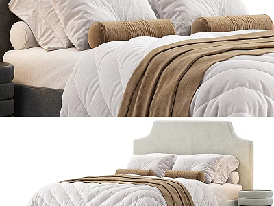 Cozy Bedroom Bed With White And Brown Bedding Soft Quilt Pillows And Headboard 3d model