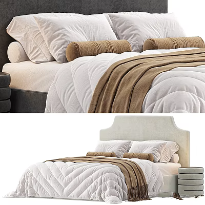Cozy Bedroom Bed With White And Brown Bedding Soft Quilt Pillows And Headboard 3d model