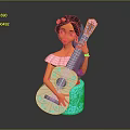 Woman With Long Black Hair Red Flower Hair Decoration Pink Top Blue Skirt Holding Guitar With Red Patterns