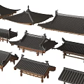 Chinese Traditional Roof Models with Curved Tiles Wooden Frames and Decorative Eaves