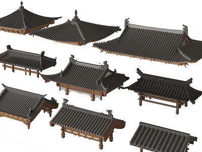 Chinese Traditional Roof Models with Curved Tiles Wooden Frames and Decorative Eaves 3d model