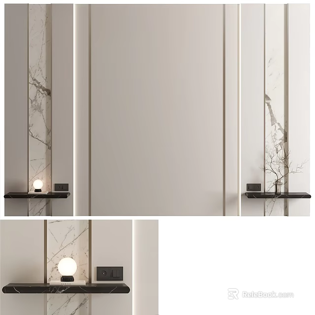 Modern Bed Background Wall Design With Marble Accents And Decorative Lamp 3d model 