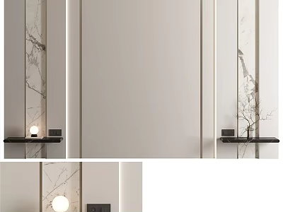 Modern Bed Background Wall Design With Marble Accents And Decorative Lamp 3d model