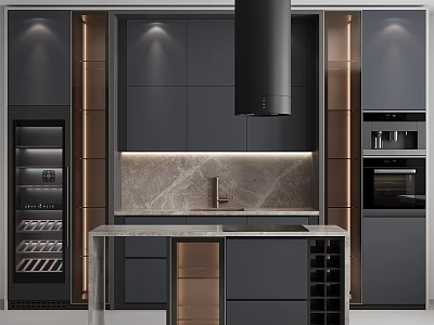 Modern Kitchen Interior With Grey Cabinets Gold Accents Marble Island And Built-in Appliances 3d model