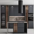 Modern Kitchen Interior With Grey Cabinets Gold Accents Marble Island And Built-in Appliances