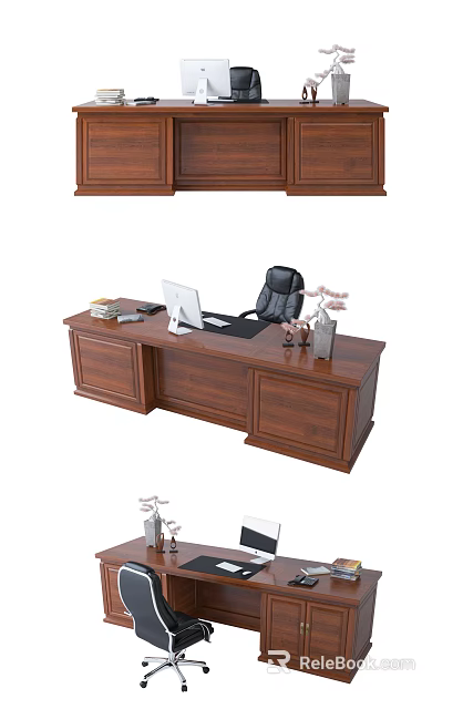 Wooden Office Desk With Computer Monitor Keyboard Mouse Black Chair And Pink Flowers 3d model 