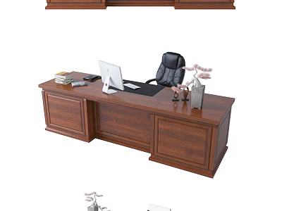 Wooden Office Desk With Computer Monitor Keyboard Mouse Black Chair And Pink Flowers 3d model