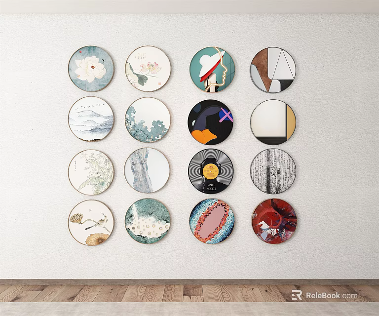 Multiple Round Framed Paintings Art Collection with Diverse Designs on White Wall 3d model