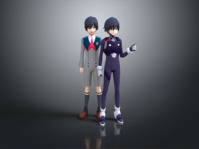 Two Anime Style Men Standing Together In Gray Background With Reflections 3d model