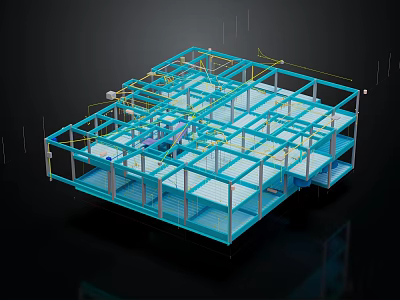 Blue Architectural Frame 3D Model With Grid Structure And Support Beams 3d model